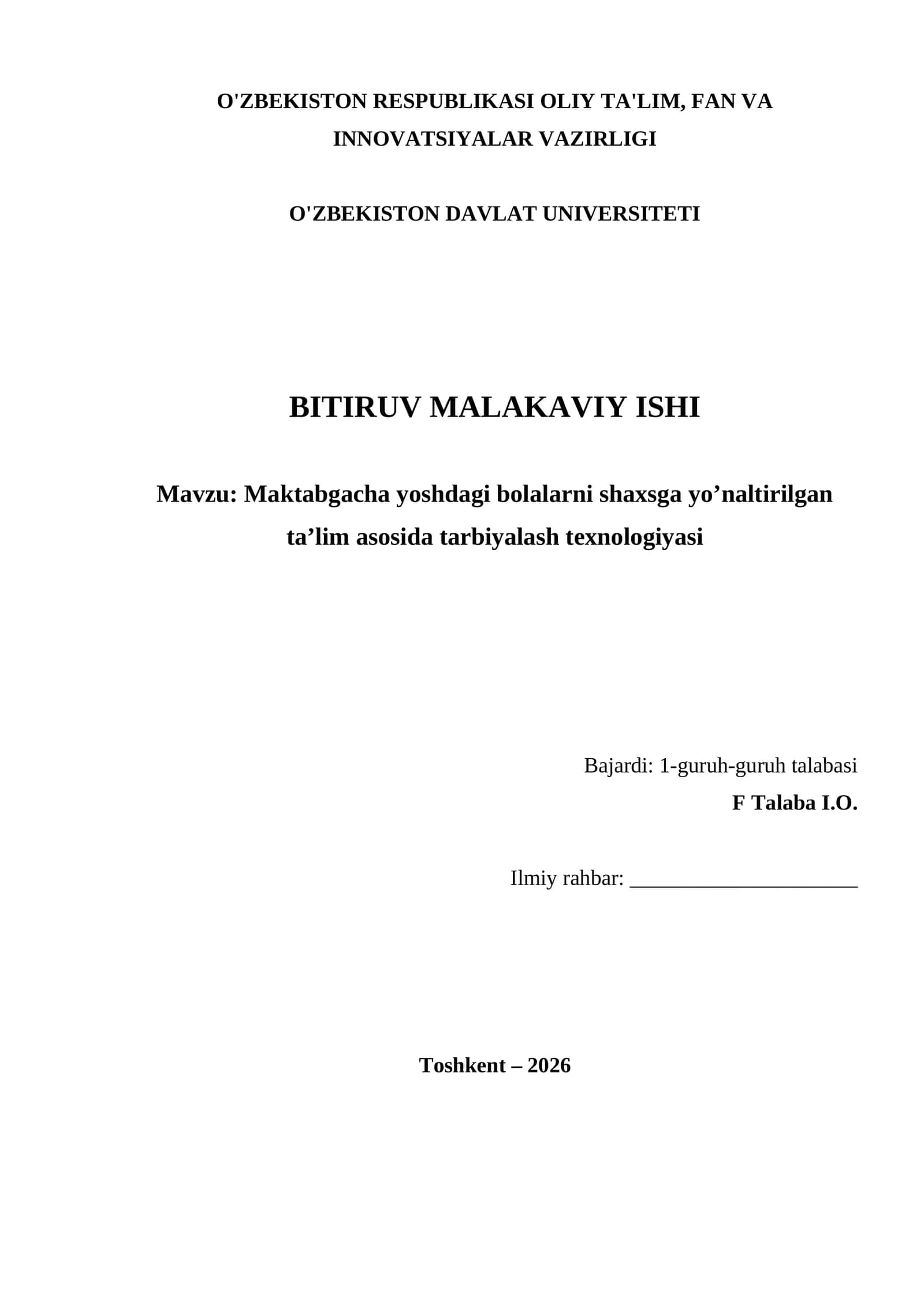 Maktabgacha yoshdagi bolalarni shaxsga yo’naltirilgan ta’lim asosida tarbiyalash texnologiyasi