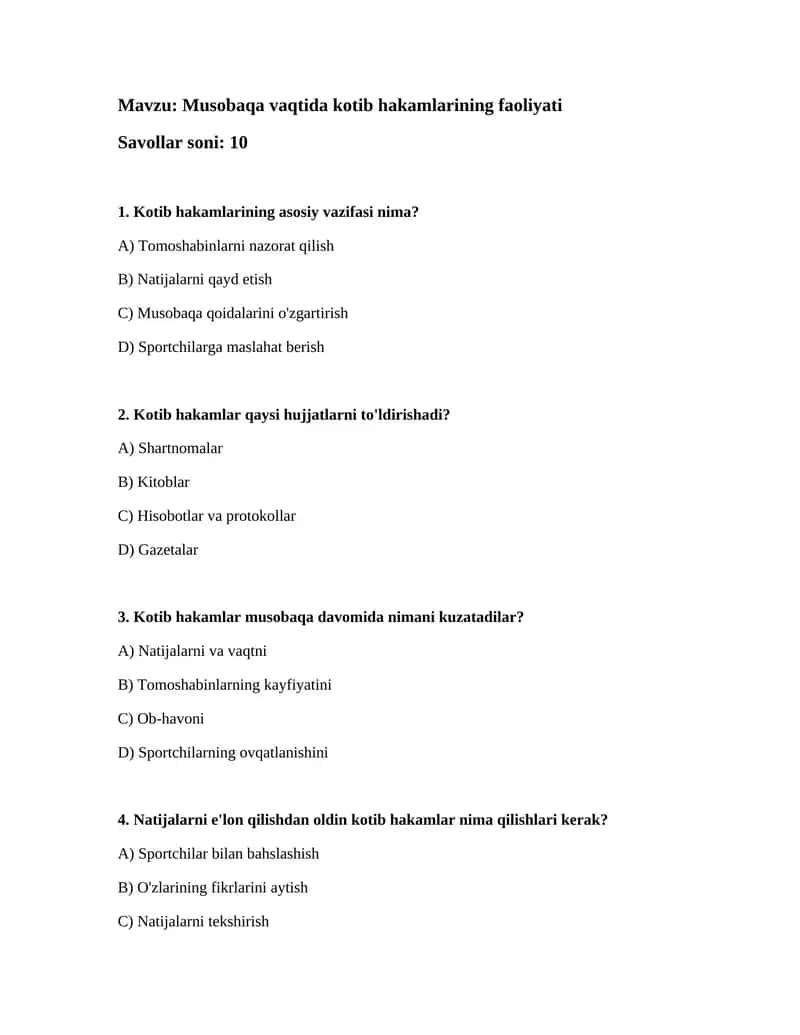 Musobaqa vaqtida kotib hakamlarining faoliyati