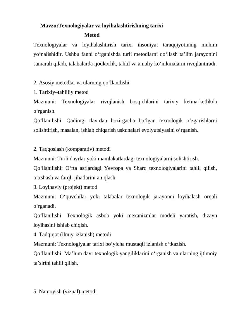 Texnologiyalar va loyihalashtirishning tarixi