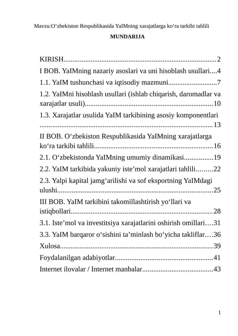 O‘zbekiston Respublikasida YaIMning xarajatlarga ko‘ra tarkibi tahlili