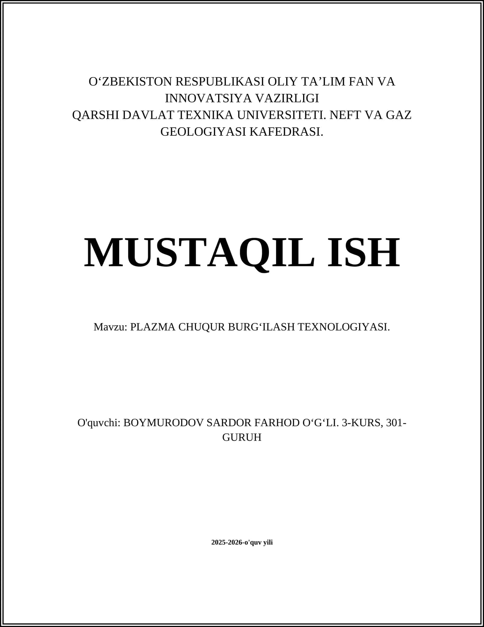 PLAZMA CHUQUR BURGʻILASH TEXNOLOGIYASI