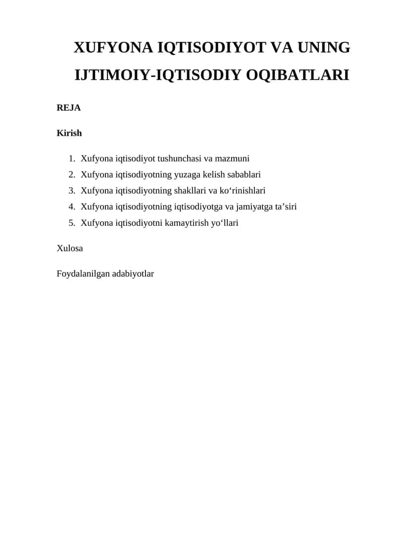 XUFYONA IQTISODIYOT VA UNING IJTIMOIY-IQTISODIY OQIBATLARI