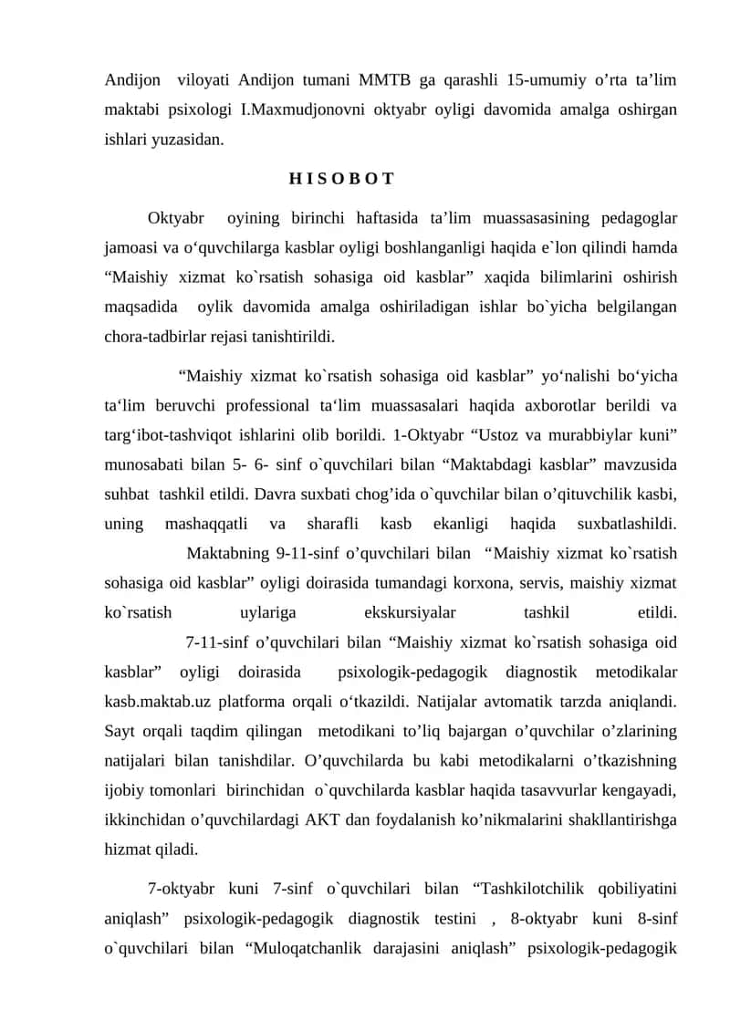 Maishiy xizmat ko`rsatish sohasiga oid kasblar