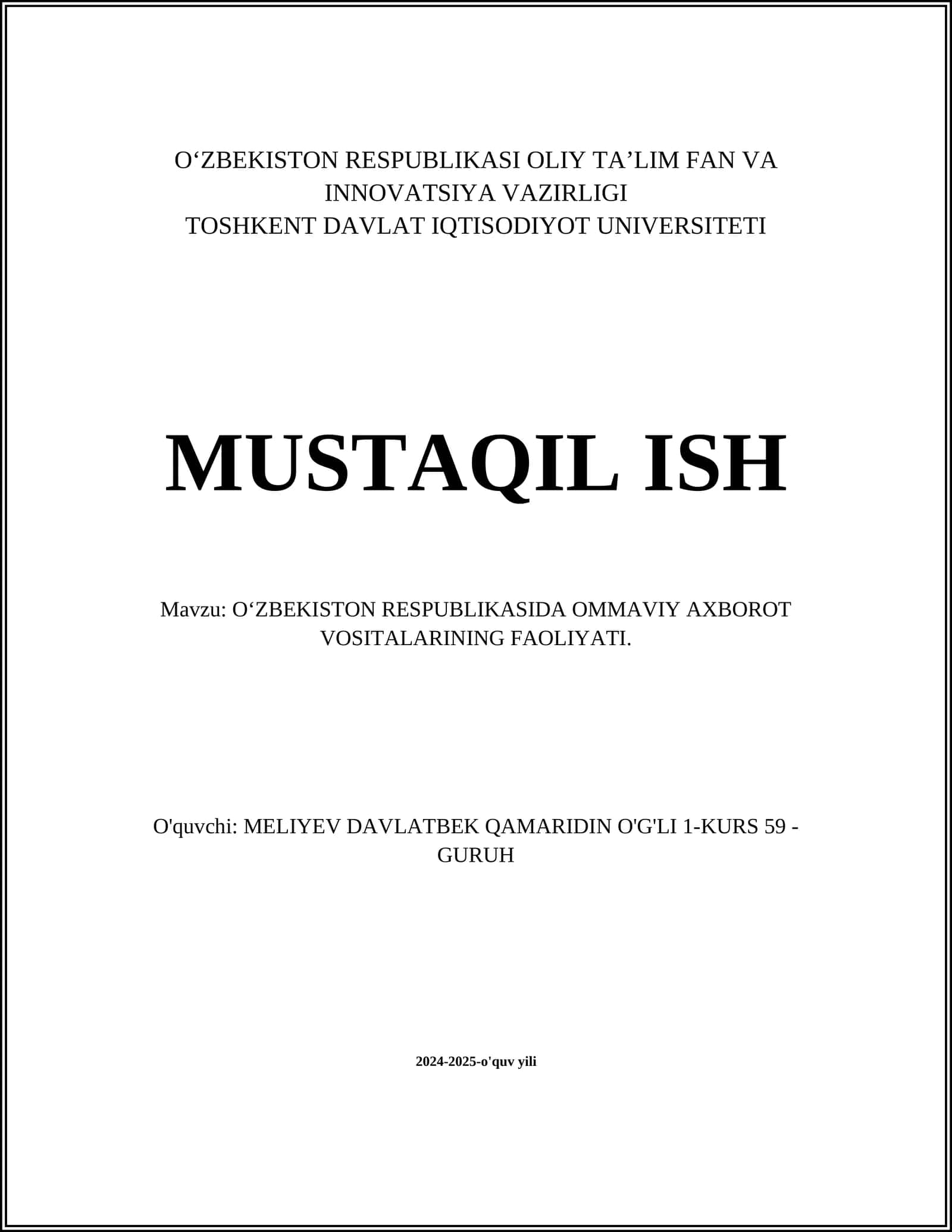 O‘ZBEKISTON RESPUBLIKASIDA OMMAVIY AXBOROT VOSITALARINING FAOLIYATI