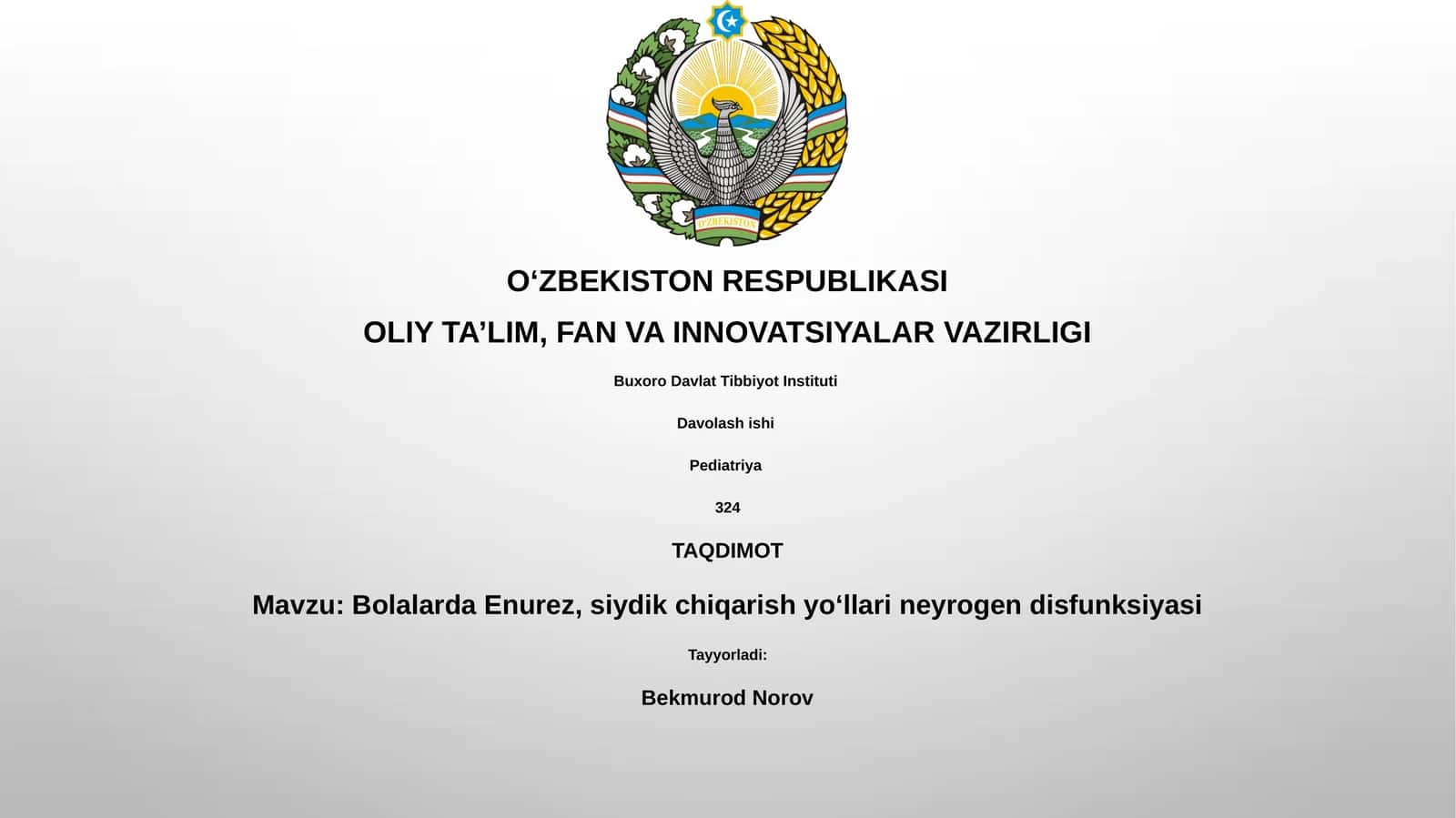 Bolalarda Enurez, siydik chiqarish yo‘llari neyrogen disfunksiyasi