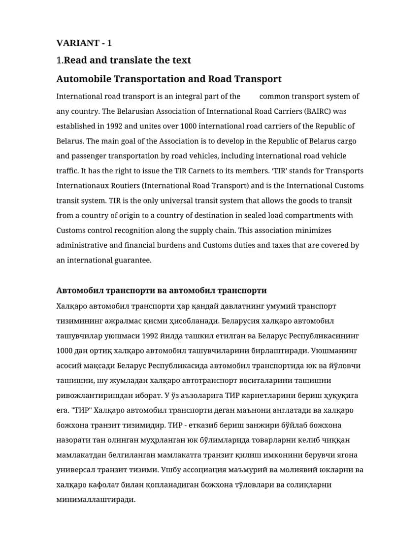 Automobile Transportation and Road Transport