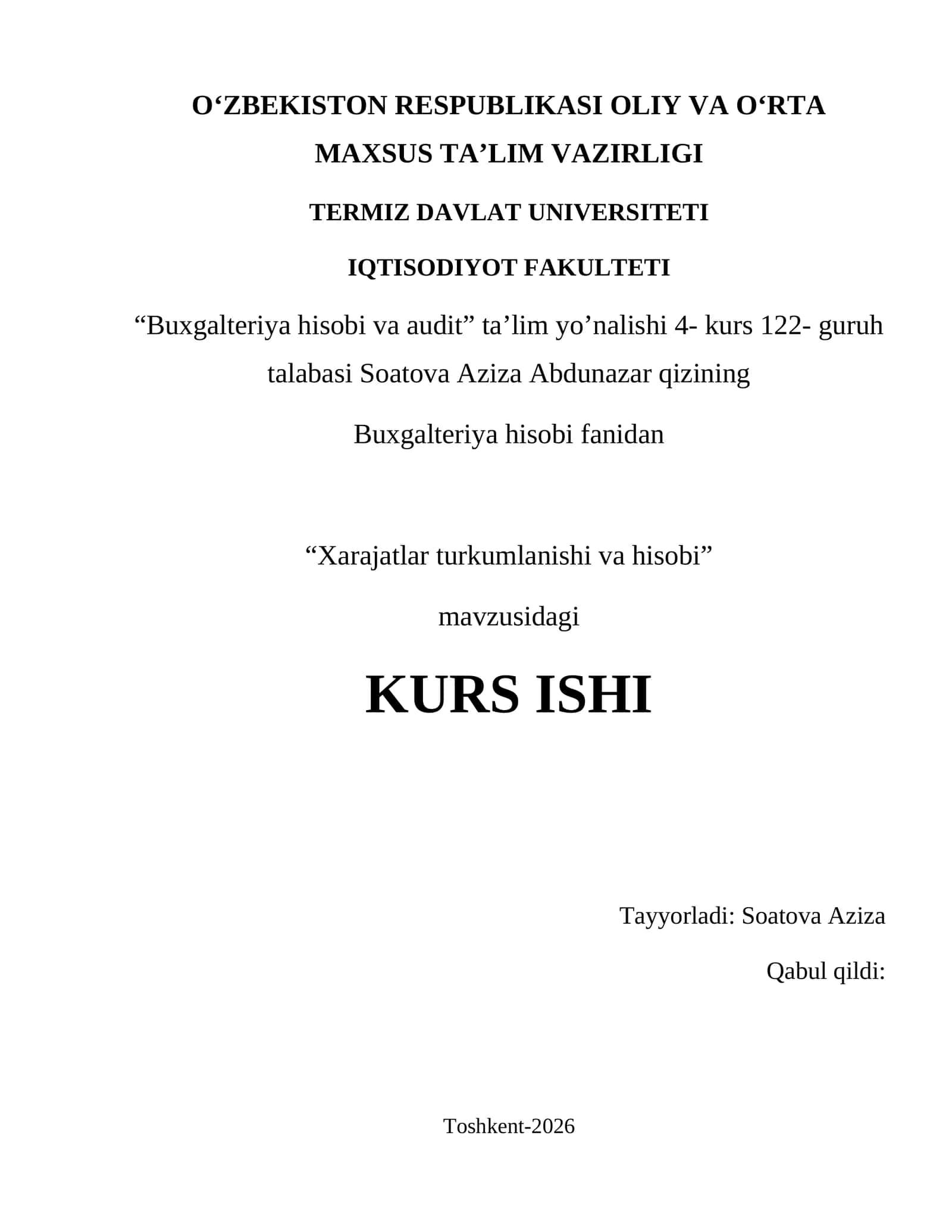 Xarajatlar turkumlanishi va hisobi