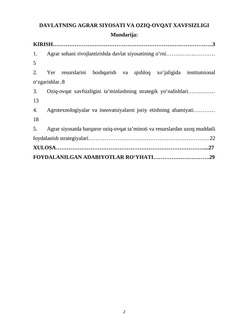 DAVLATNING AGRAR SIYOSATI VA OZIQ-OVQAT XAVFSIZLIGI
