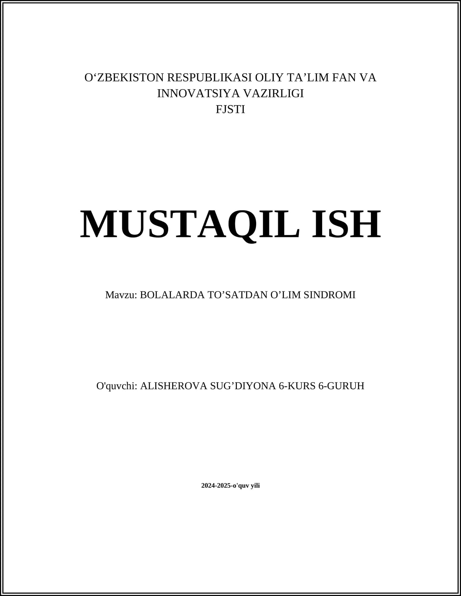 BOLALARDA TO’SATDAN O’LIM SINDROMI