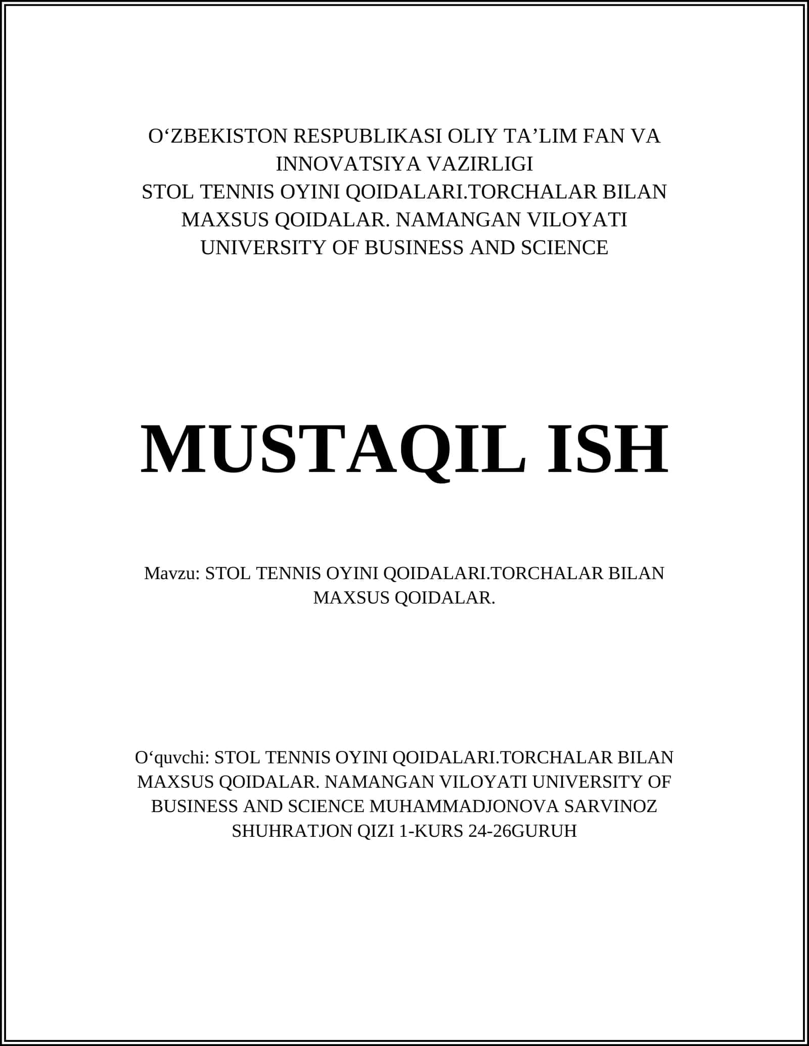 STOL TENNIS OYINI QOIDALARI.TORCHALAR BILAN MAXSUS QOIDALAR