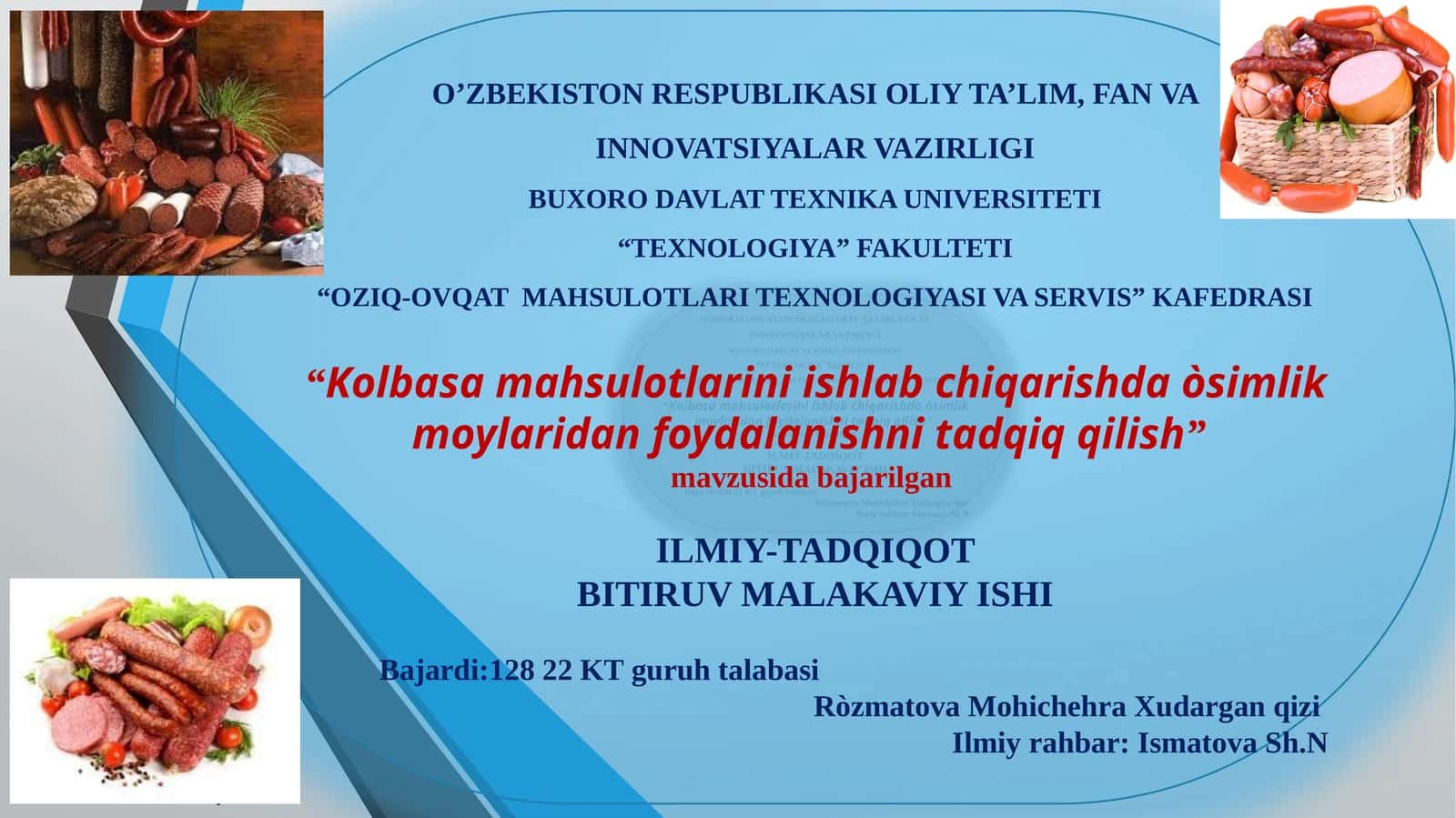 Kolbasa mahsulotlari ni ishlab chiqarishda o'simlik moylaridan foydalanishni tadqiq qilish