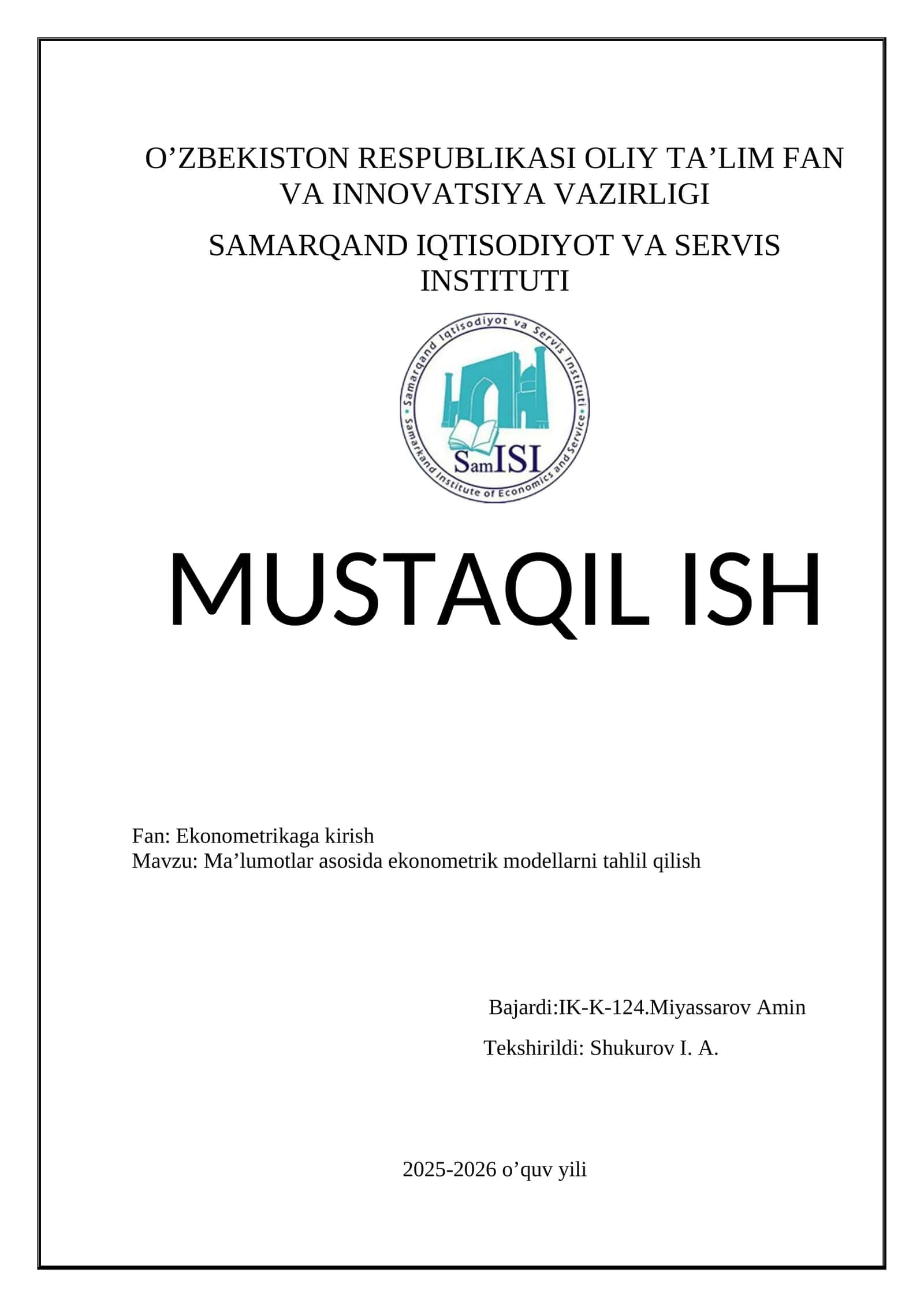 Global statitik ma’lumotlar asosida ekonometrik modellarni tahlil qilish