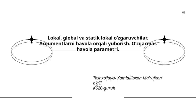 Lokal, global va statik lokal o‘zgaruvchilar.