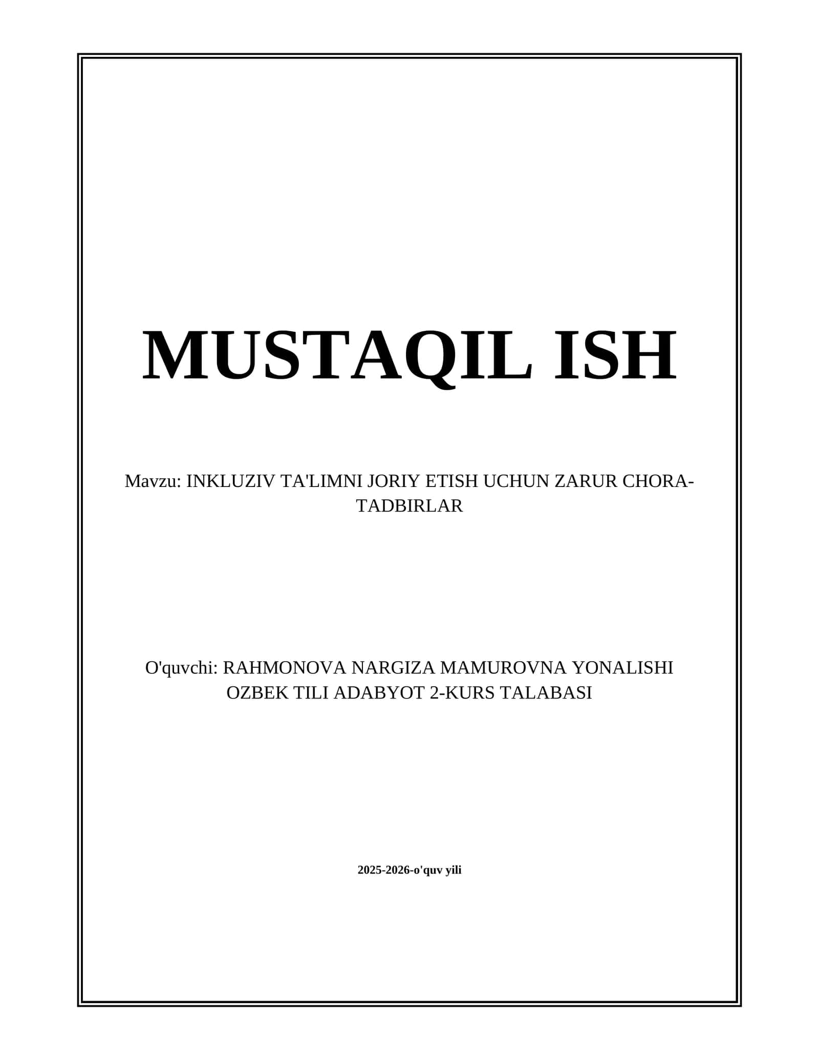 INKLUZIV TA'LIMNI JORIY ETISH UCHUN ZARUR CHORA-TADBIRLAR