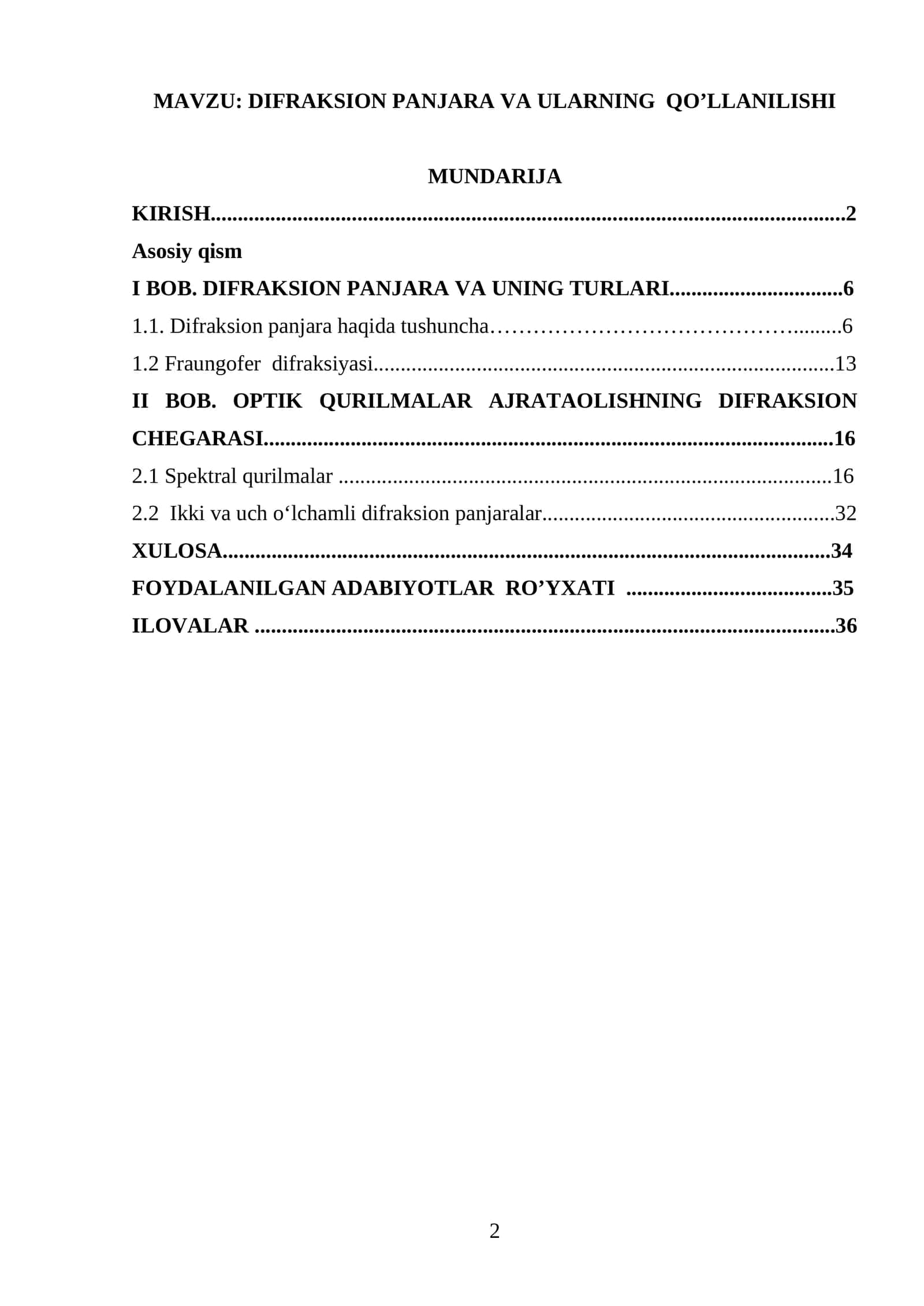 DIFRAKSION PANJARA VA ULARNING QO’LLANILISHI