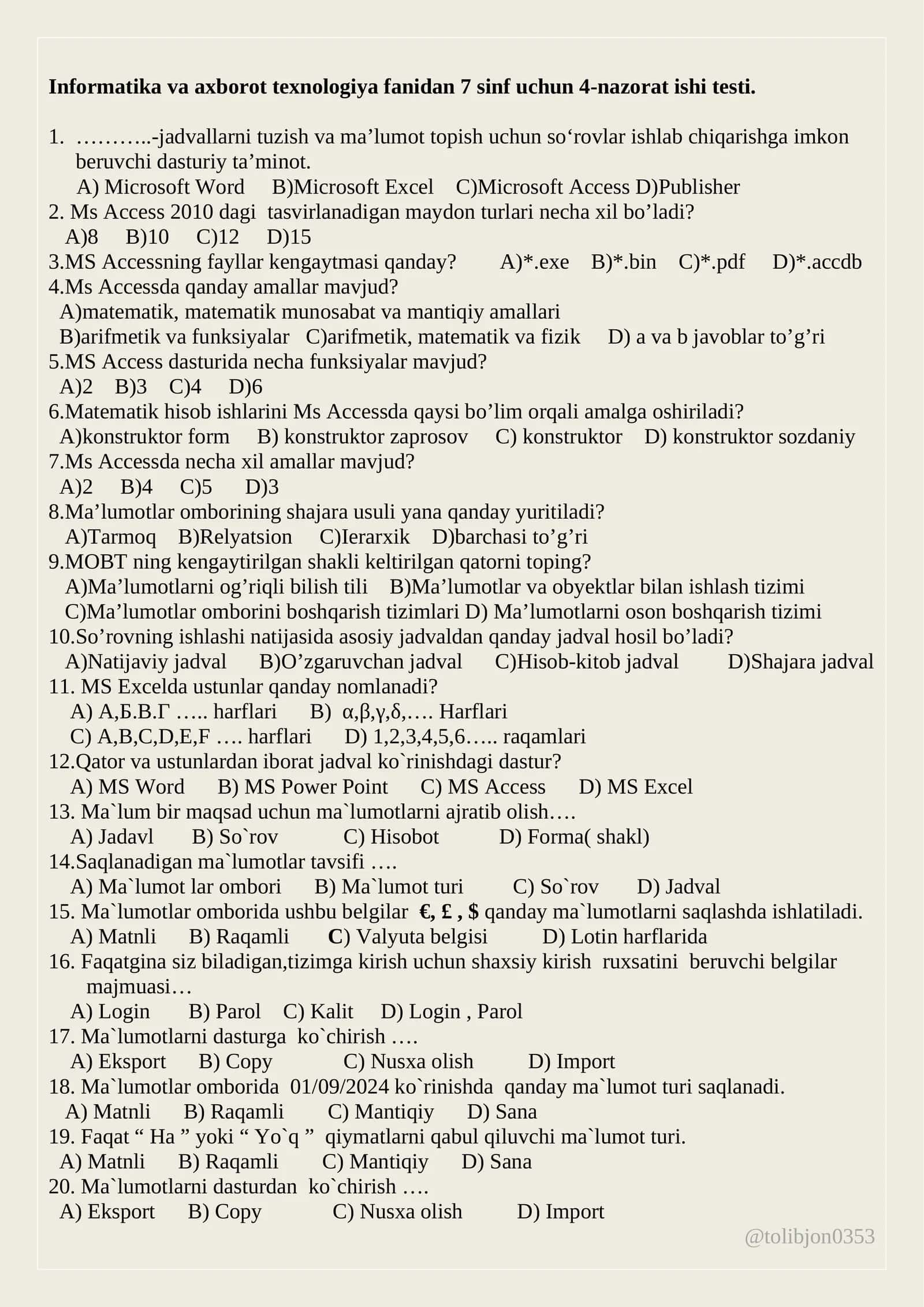 Informatika va axborot texnologiya fanidan 7 sinf uchun 4-nazorat ishi testi