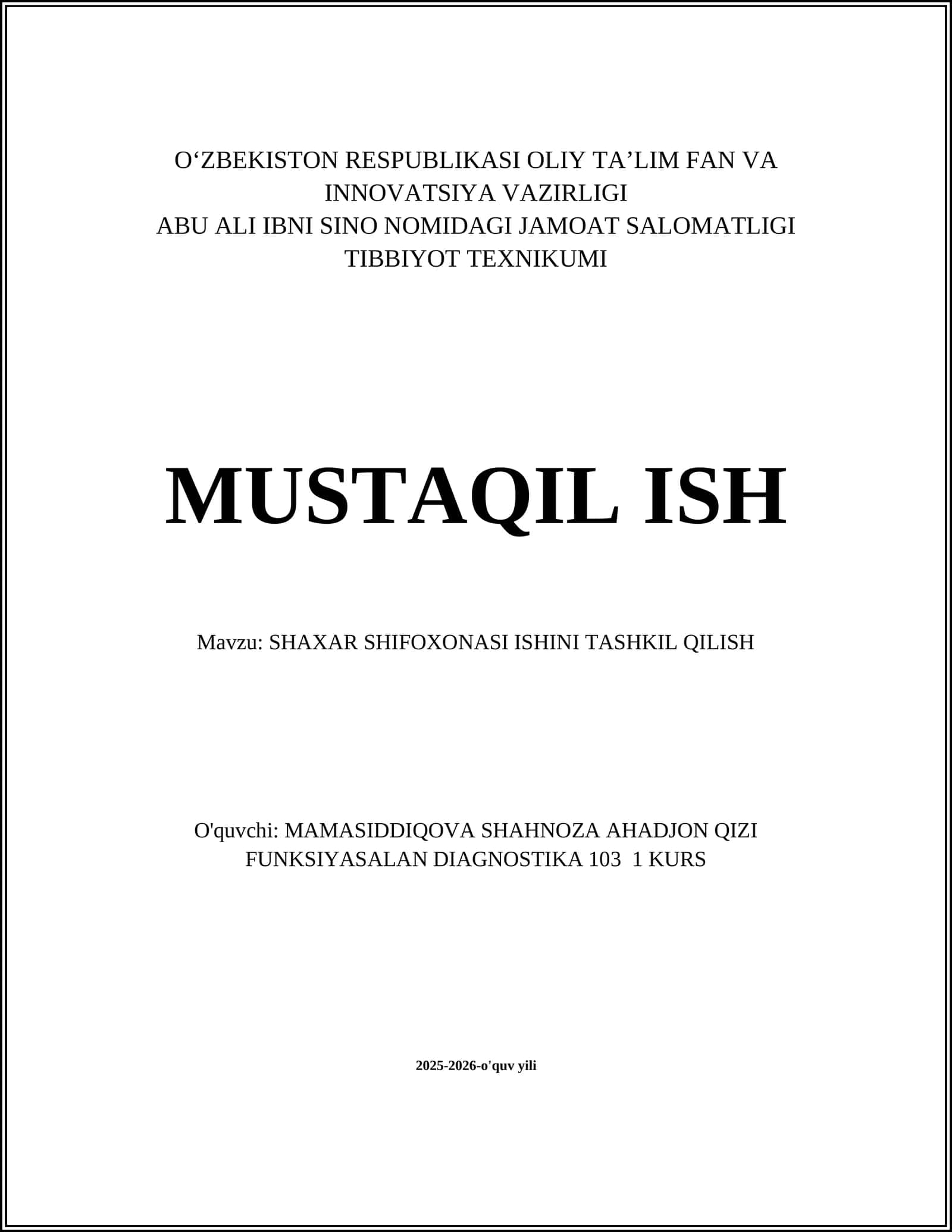 SHAXAR SHIFOXONASI ISHINI TASHKIL QILISH