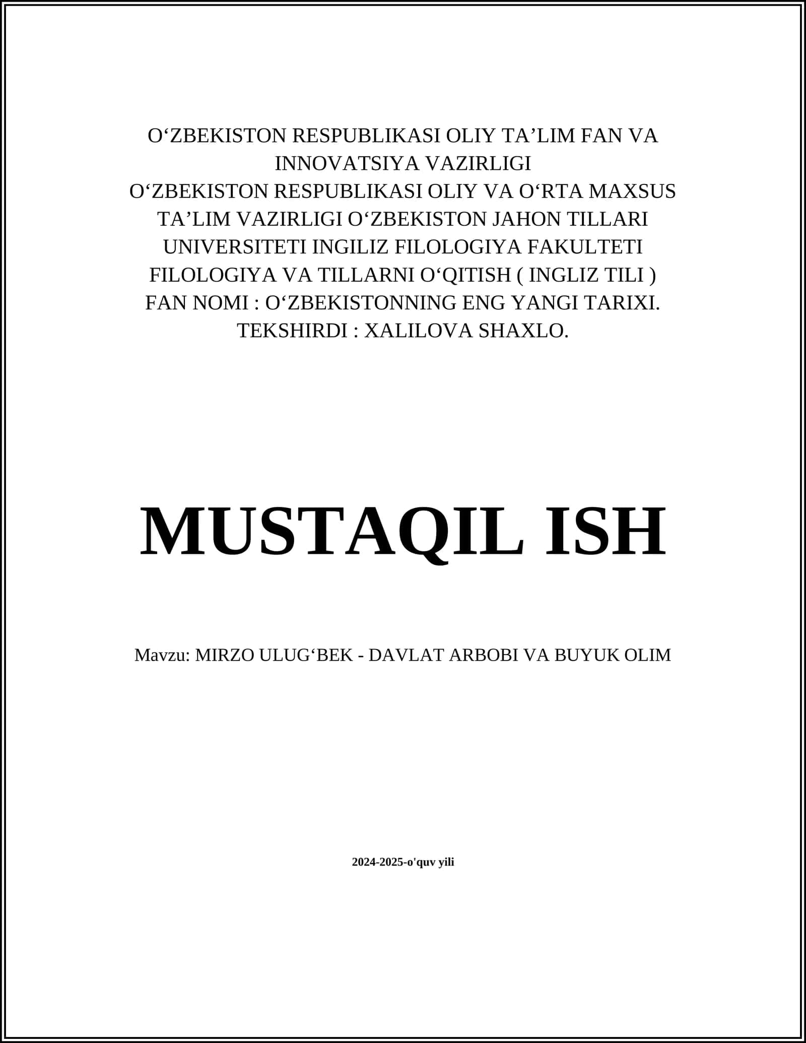 MIRZO ULUGʻBEK - DAVLAT ARBOBI VA BUYUK OLIM