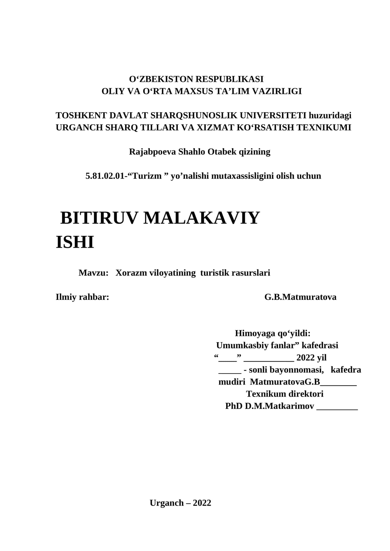 5.81.02.01-“Turizm ” yo’nalishi mutaxassisligini olish uchun BITIRUV MALAKAVIY ISHI