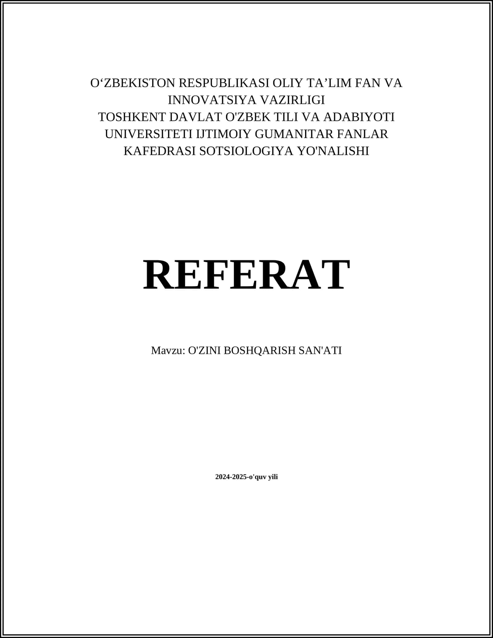 O'ZINI BOSHQARISH SAN'ATI
