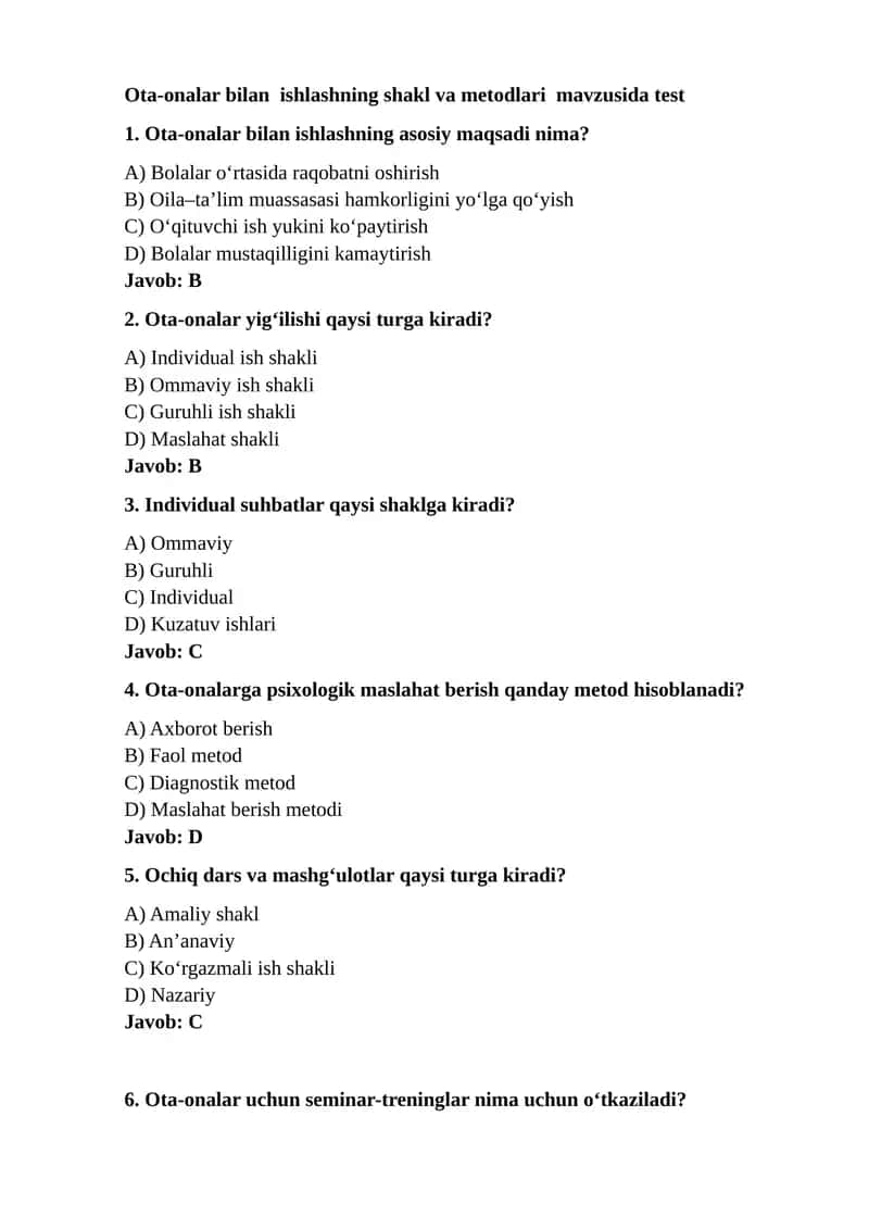 Ota-onalar bilan ishlashning shakl va metodlari test