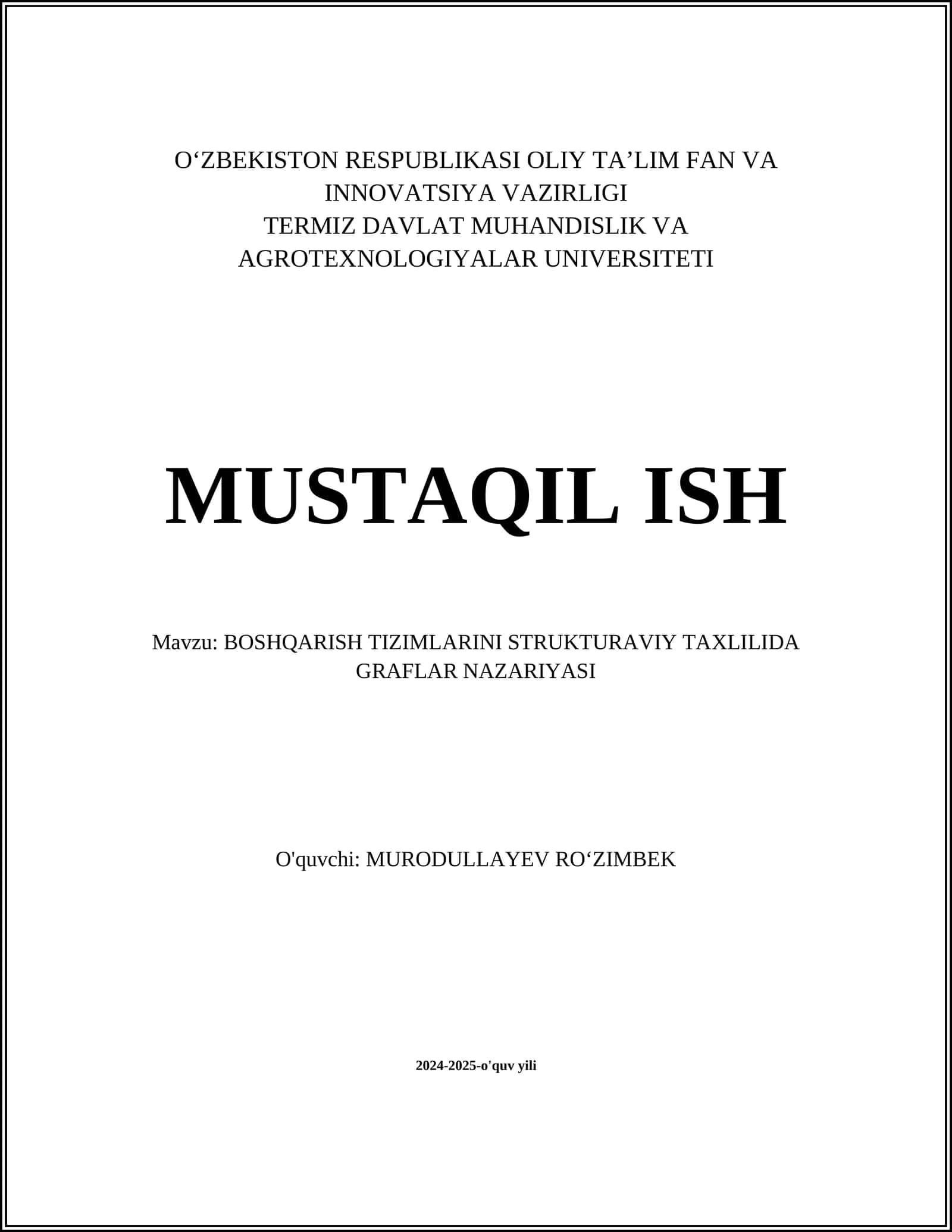 BOSHQARISH TIZIMLARINI STRUKTURAVIY TAXLILIDA GRAFLAR NAZARIYASI