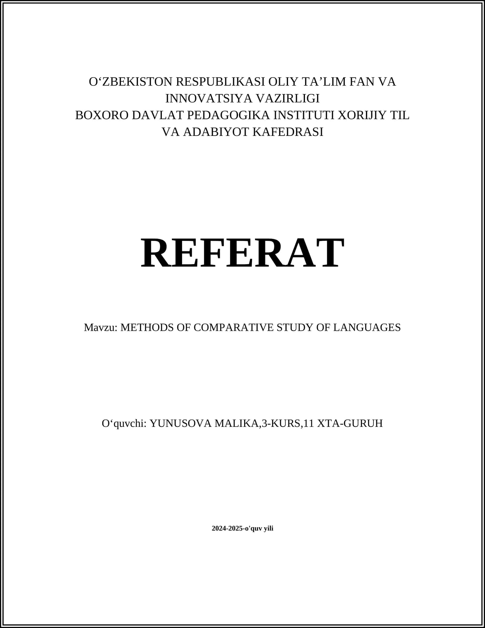 METHODS OF COMPARATIVE STUDY OF LANGUAGES