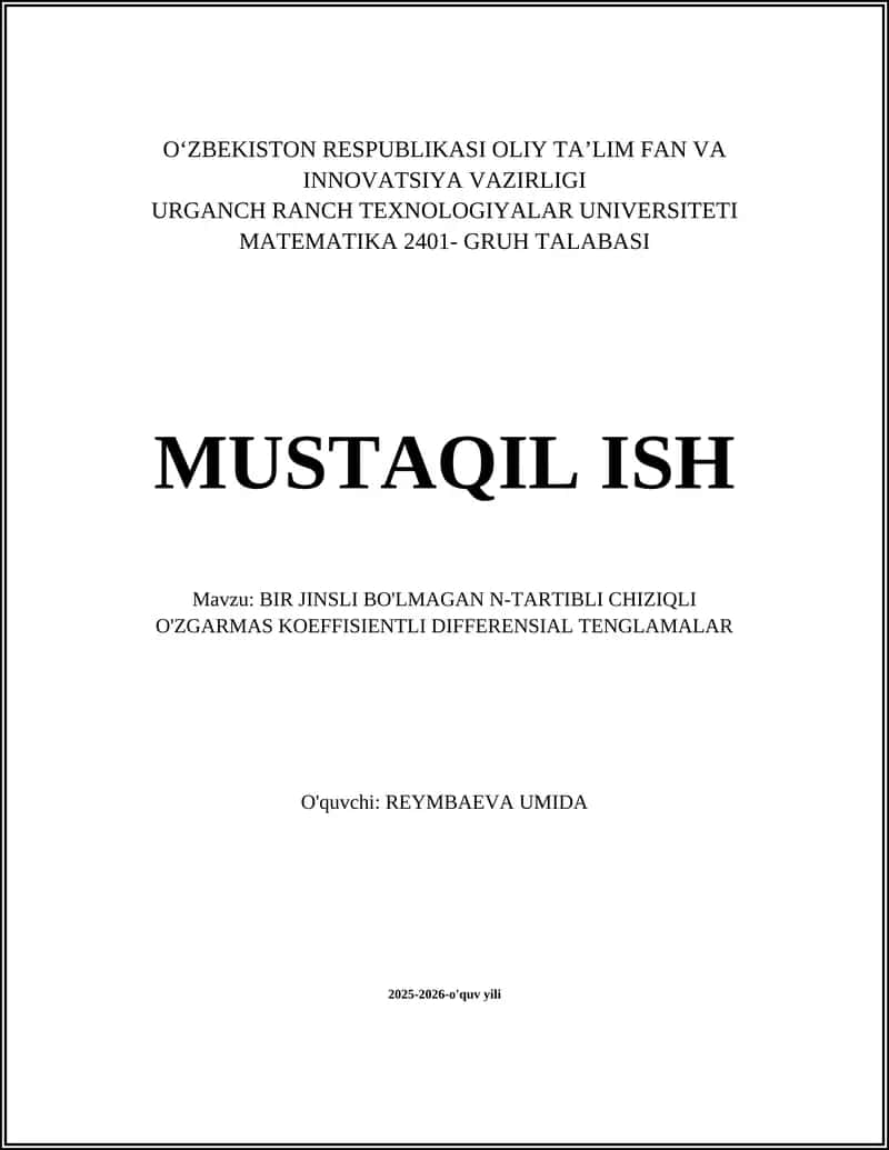 Birlashmagan n-tartibli chiziqli o'zgarmas koeffisientli differensial tenglamalar