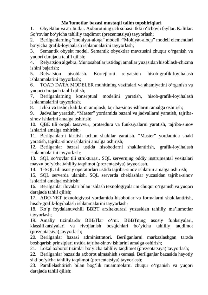 Ma’lumotlar bazasi mustaqil talim topshiriqlari