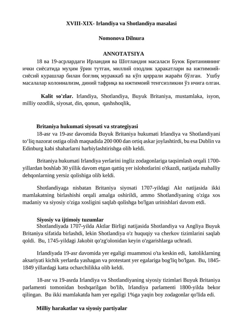 XVIII-XIX- Irlandiya va Shotlandiya masalasi