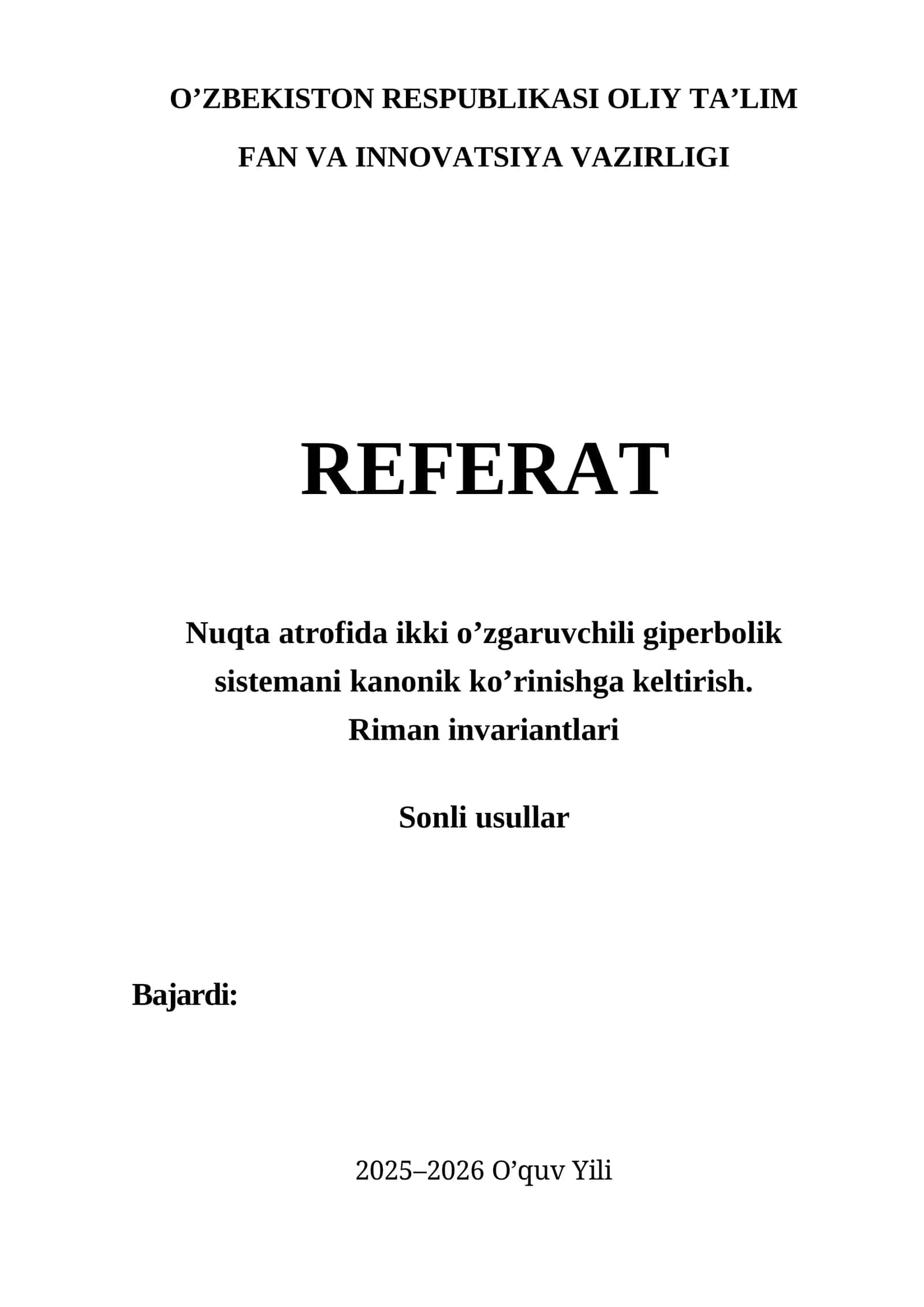 Nuqta atrofida ikki o’zgaruvchili giperbolik sistemani kanonik ko’rinishga keltirish. Riman invariantlari