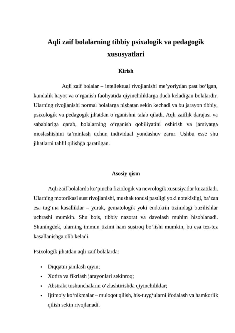 Aqli zaif bolalarning tibbiy psixalogik va pedagogik xususyatlari
