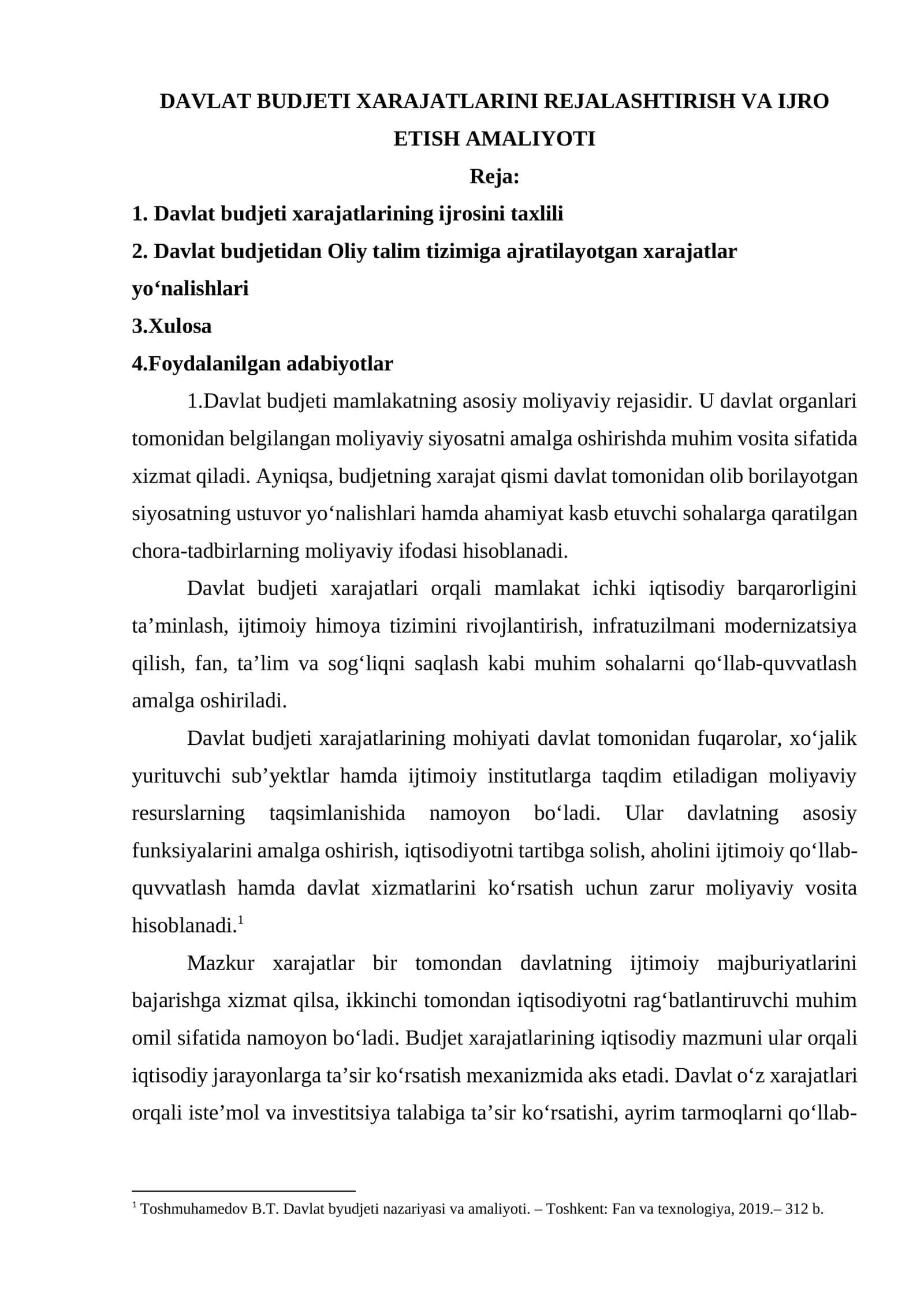 DAVLAT BUDJETI XARAJATLARINI REJALASHTIRISH VA IJRO ETISH AMALIYOTI