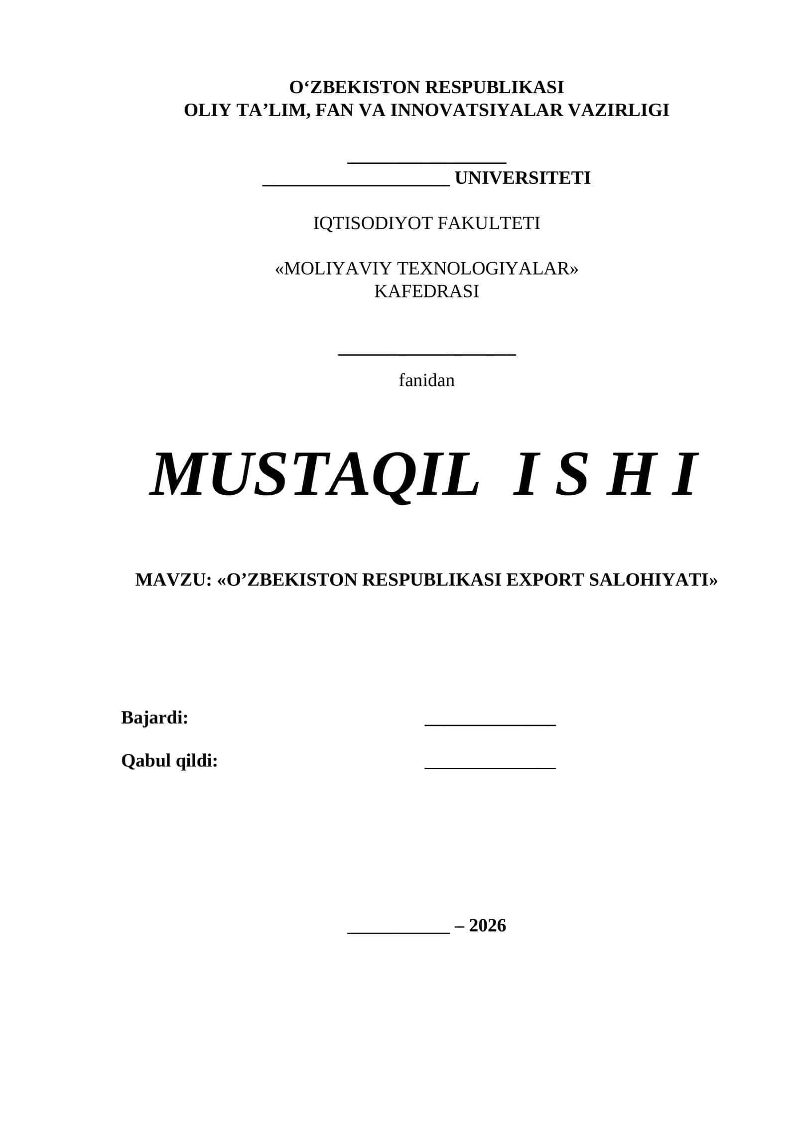 O’ZBEKISTON RESPUBLIKASI EXPORT SALOHIYATI