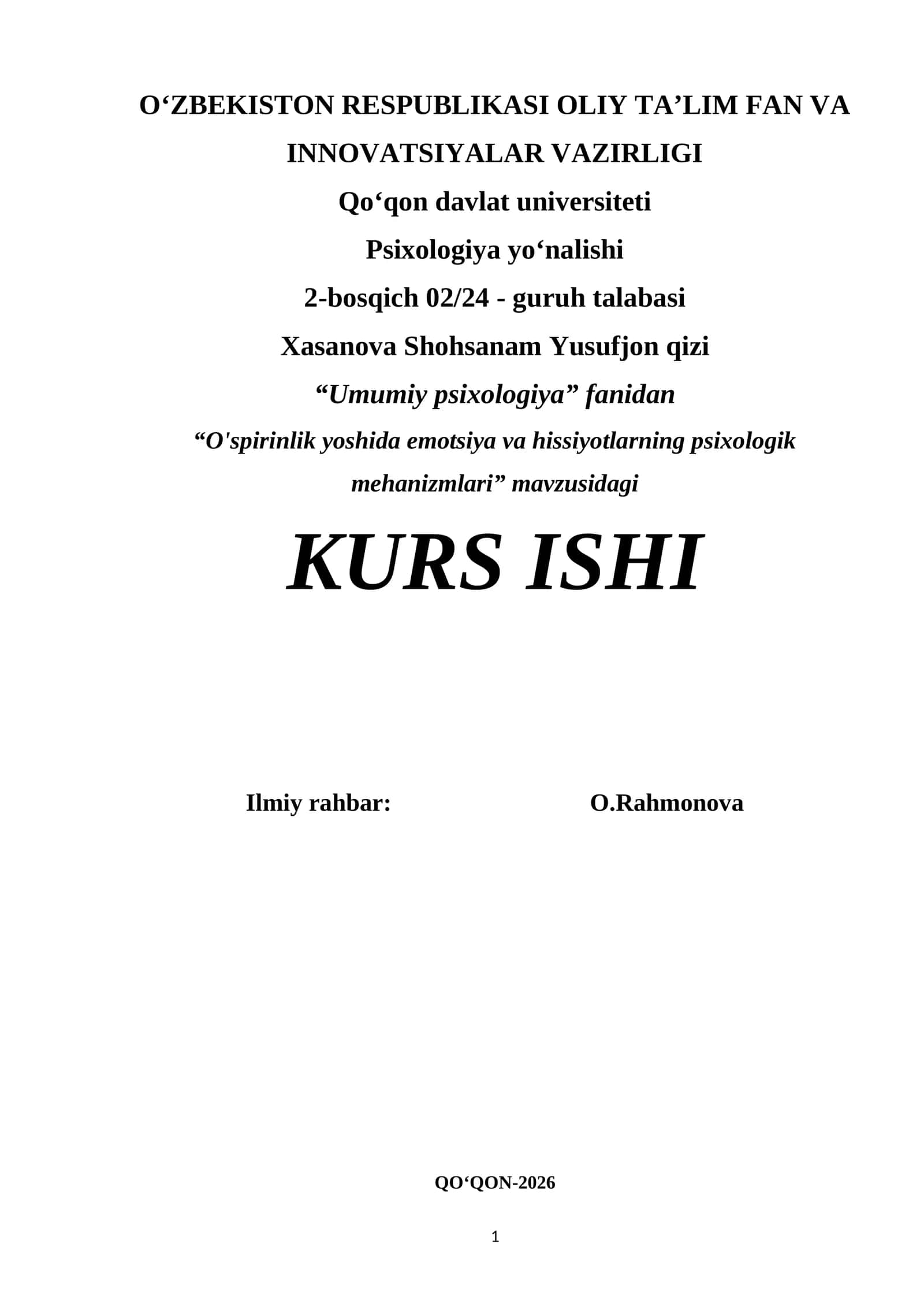 O'spirinlik yoshida emotsiya va hissiyotlarning psixologik mehanizmlari