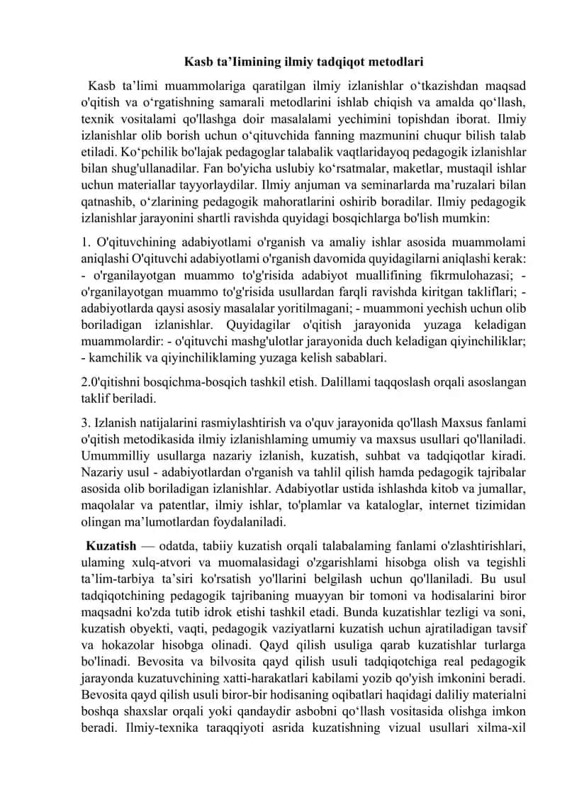 Kasb ta’Iimining ilmiy tadqiqot metodlari