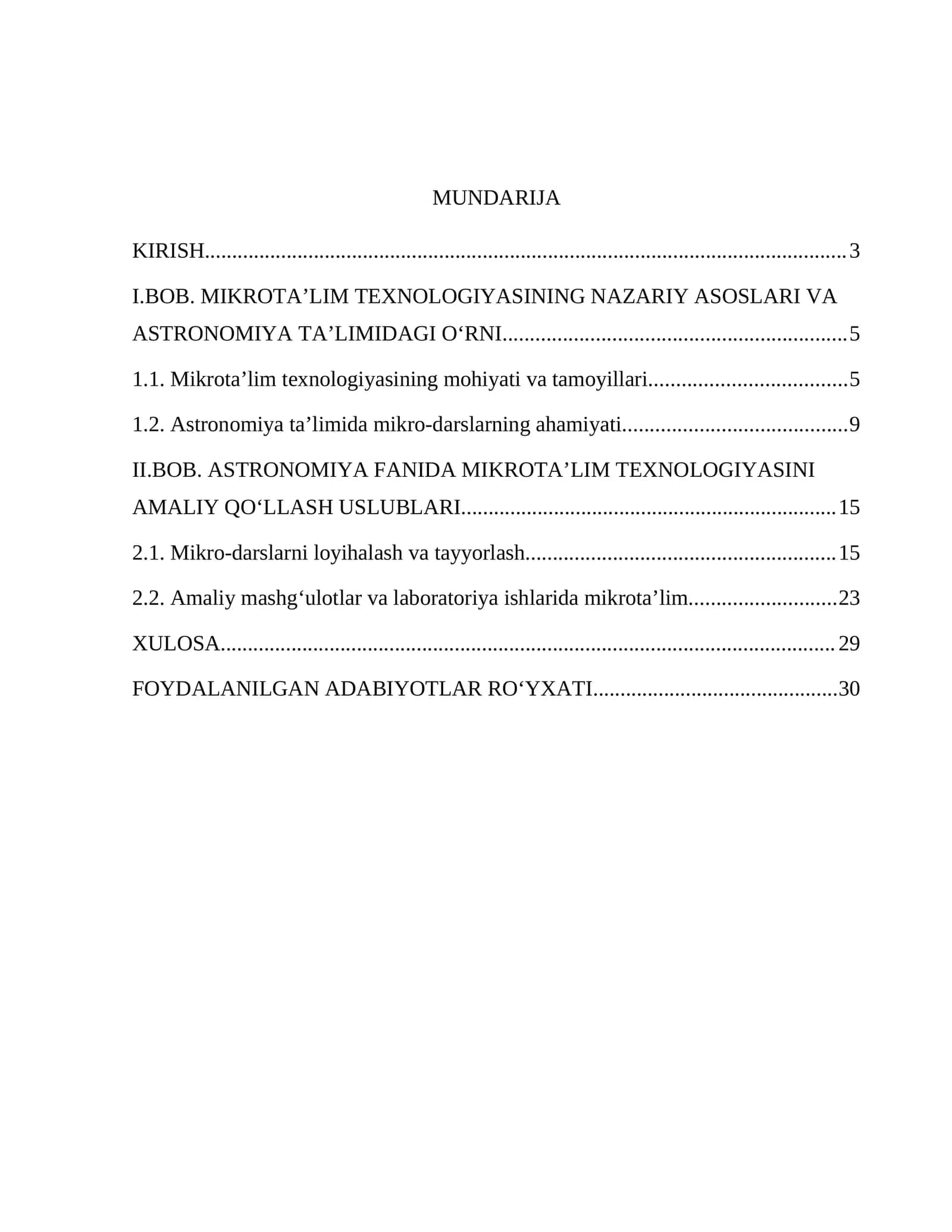 BOB. MIKROTA’LIM TEXNOLOGIYASINING NAZARIY ASOSLARI VA ASTRONOMIYA TA’LIMIDAGI O‘RNI
