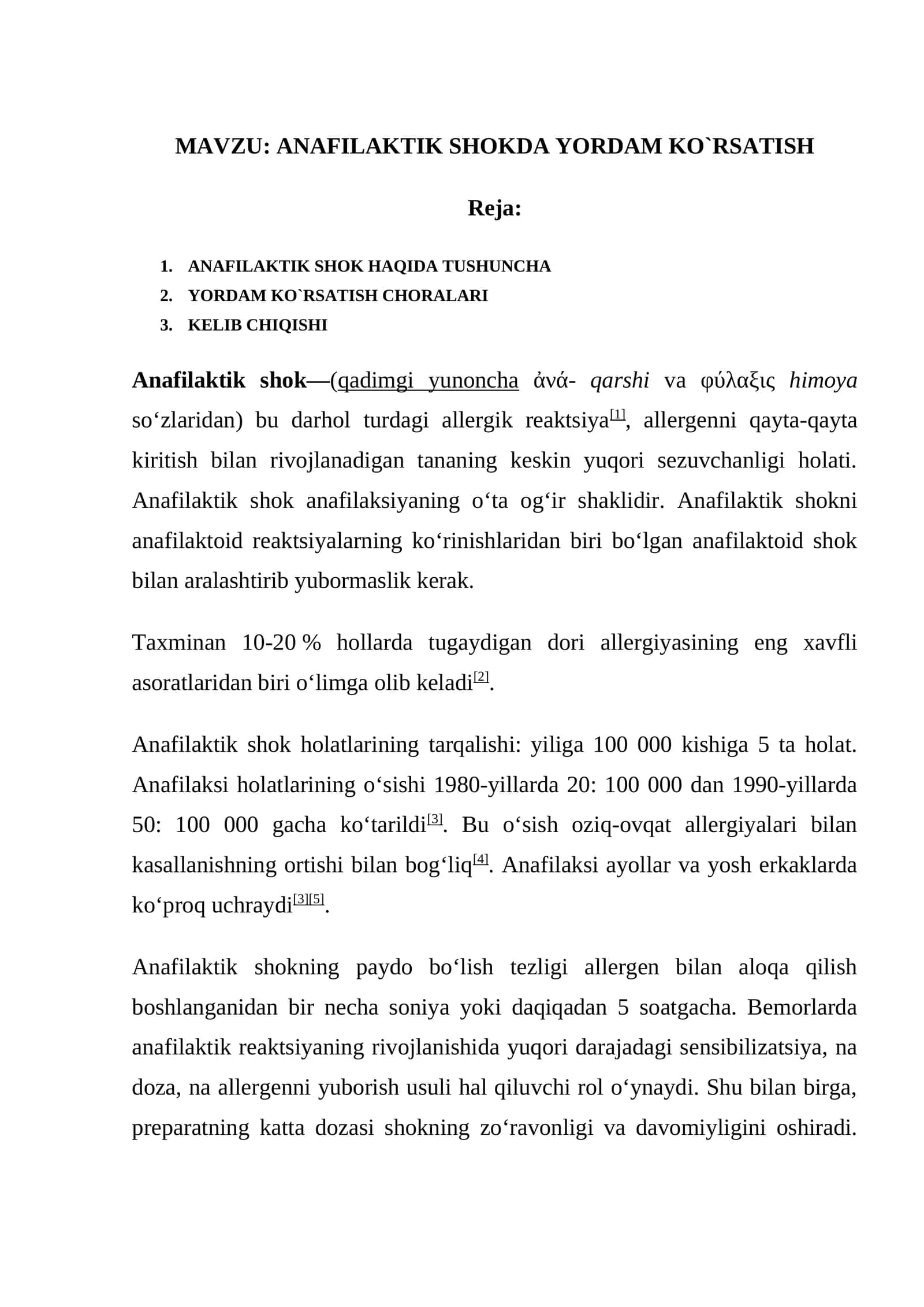 ANAFILAKTIK SHOKDA YORDAM KO`RSATISH