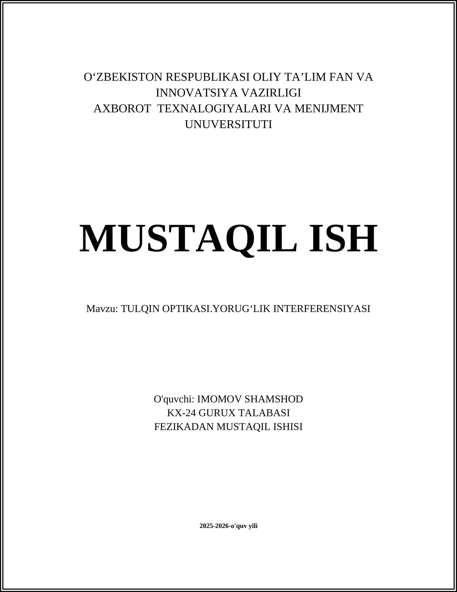TULQIN OPTIKASI.YORUGʻLIK INTERFERENSIYASI