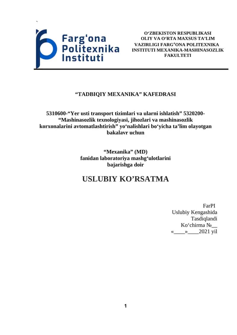Mashina detallari fanidan laboratoriya mashg'ulotlarini bajarish uchun Uslubiy ko'rsatma