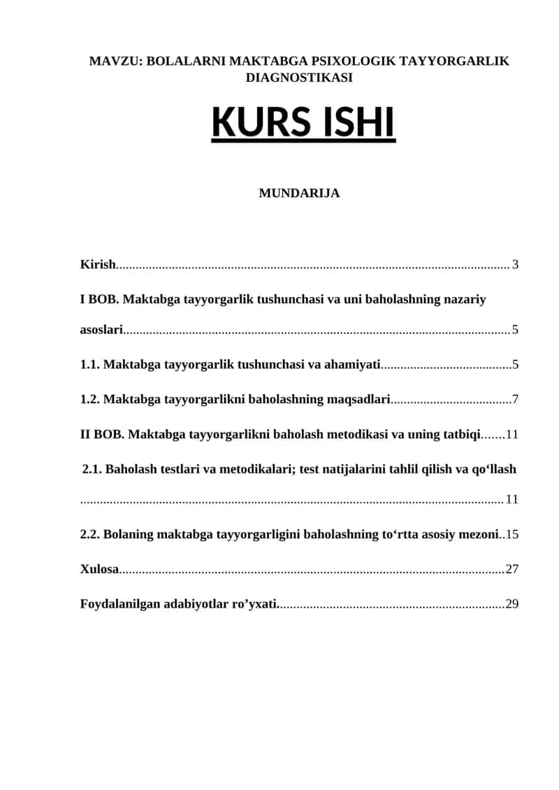 BOLALARNI MAKTABGA PSIXOLOGIK TAYYORGARLIK DIAGNOSTIKASI KURS ISHI