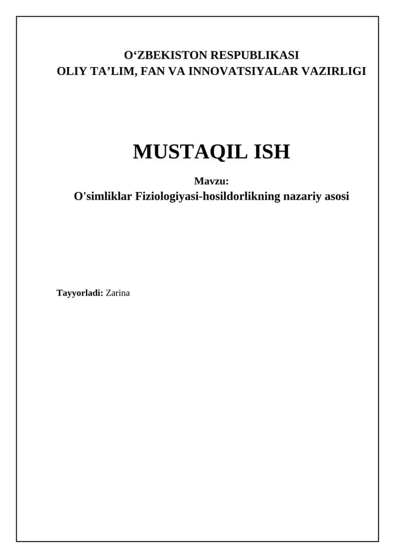O'simliklar Fiziologiyasi-hosildorlikning nazariy asosi