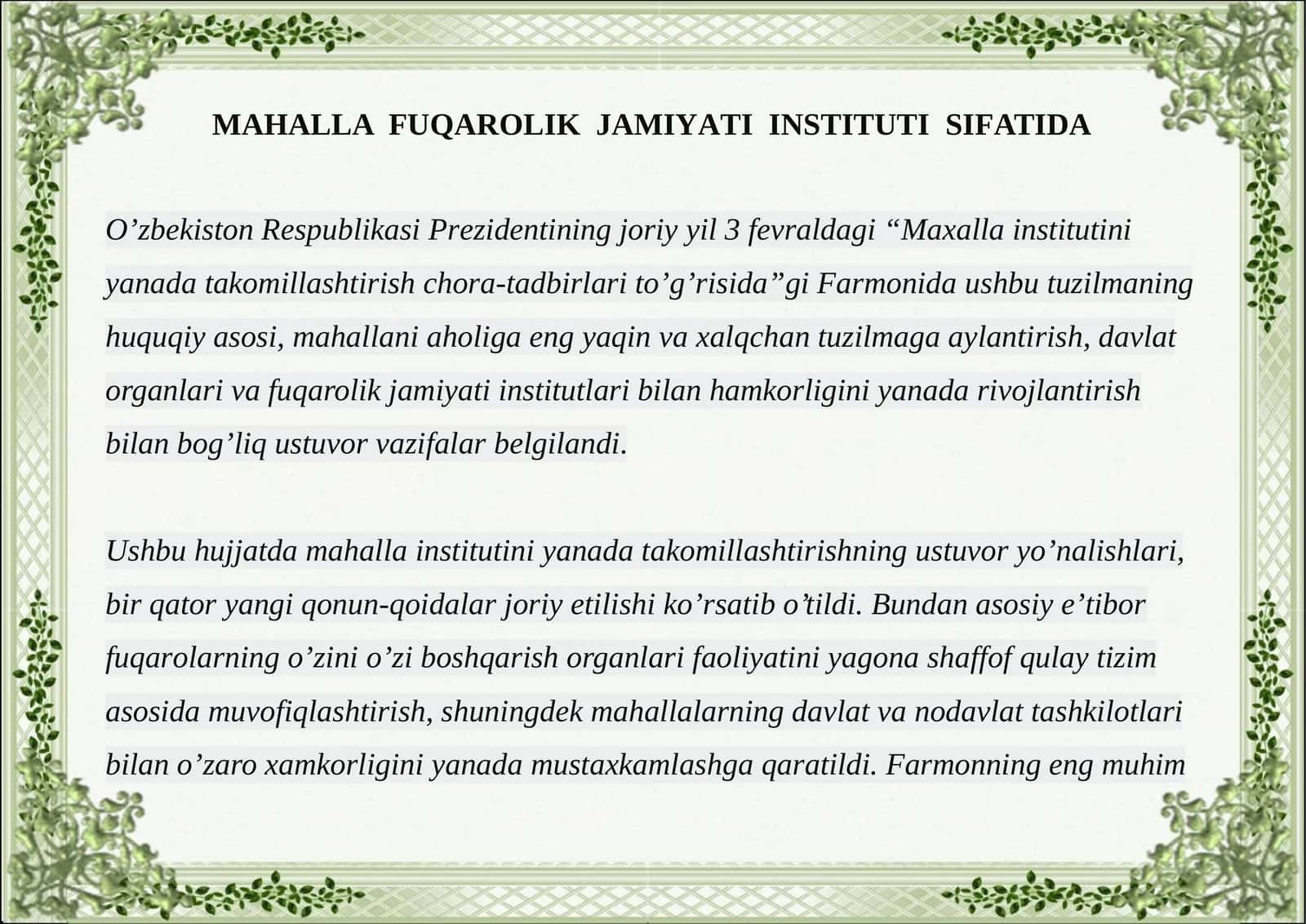 MAHALLA FUQAROLIK JAMIYATI INSTITUTI