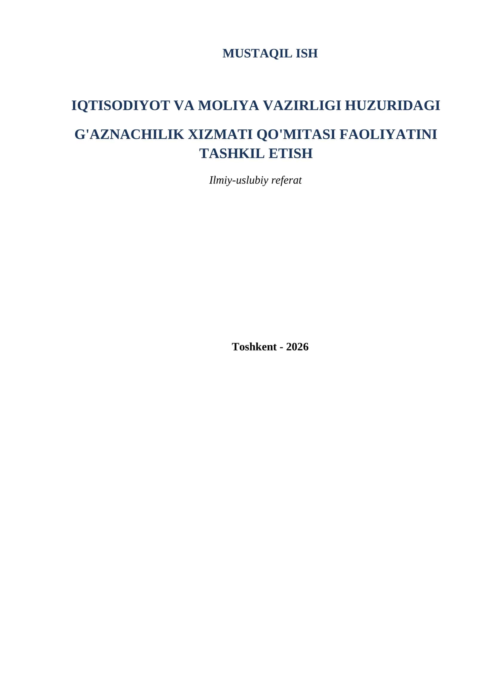 G'AZNACHILIK XIZMATI QO'MITASI FAOLIYATINI TASHKIL ETISH
