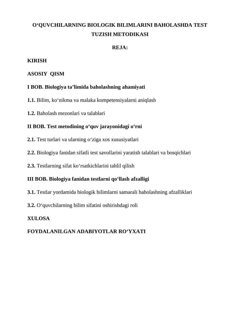 O‘QUVCHILARNING BIOLOGIK BILIMLARINI BAHOLASHDA TEST TUZISH METODIKASI