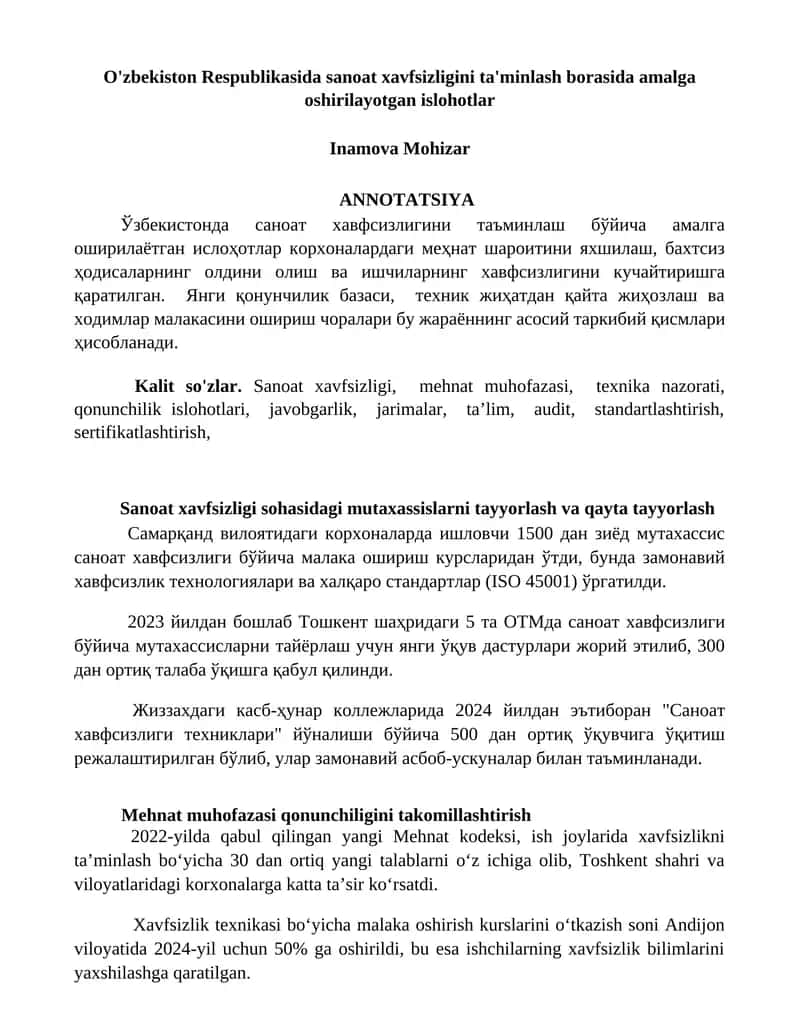 Sanoat xavfsizligini ta'minlash borasida amalga oshirilayotgan islohotlar