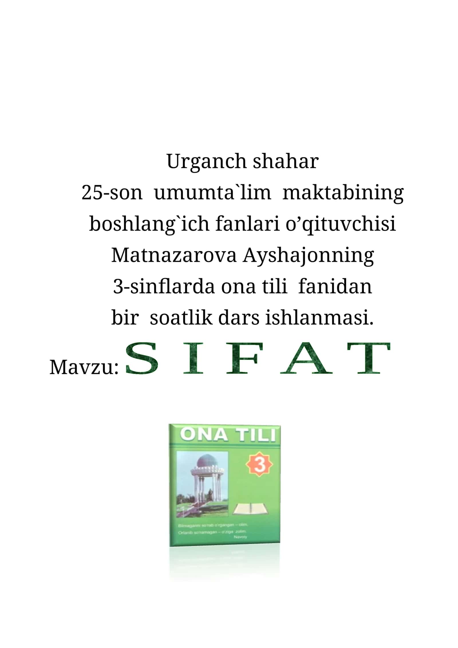 Ona tili fanidan bir soatlik dars ishlanmasi