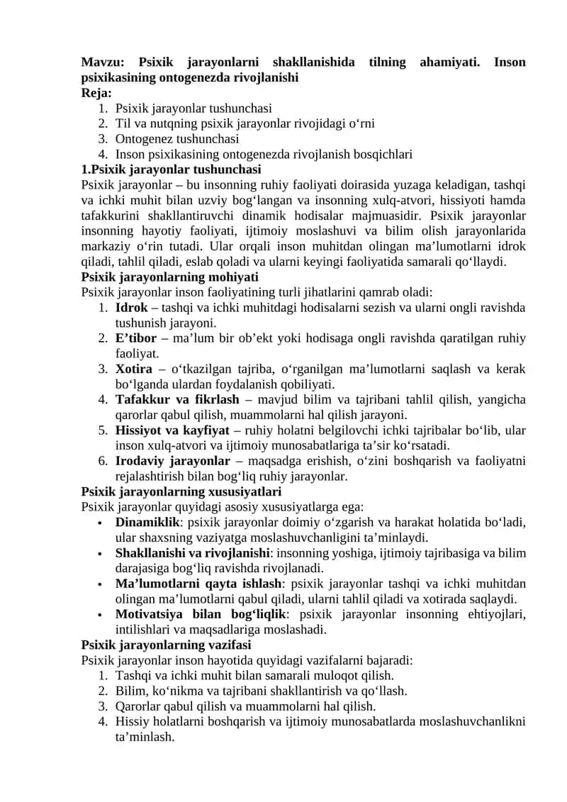 Psixik jarayonlarni shakllanishida tilning ahamiyati