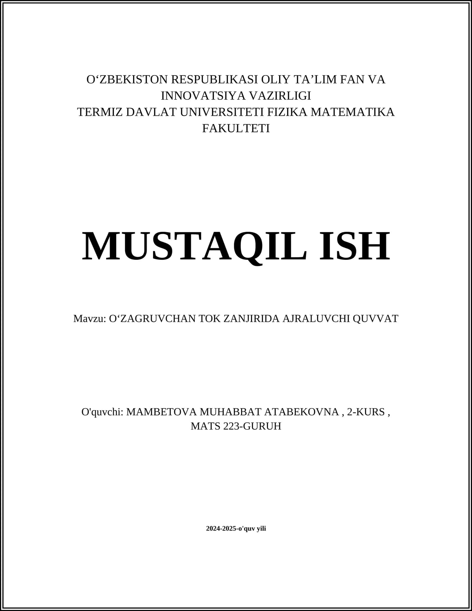 OʻZAGRUVCHAN TOK ZANJIRIDA AJRALUVCHI QUVVAT
