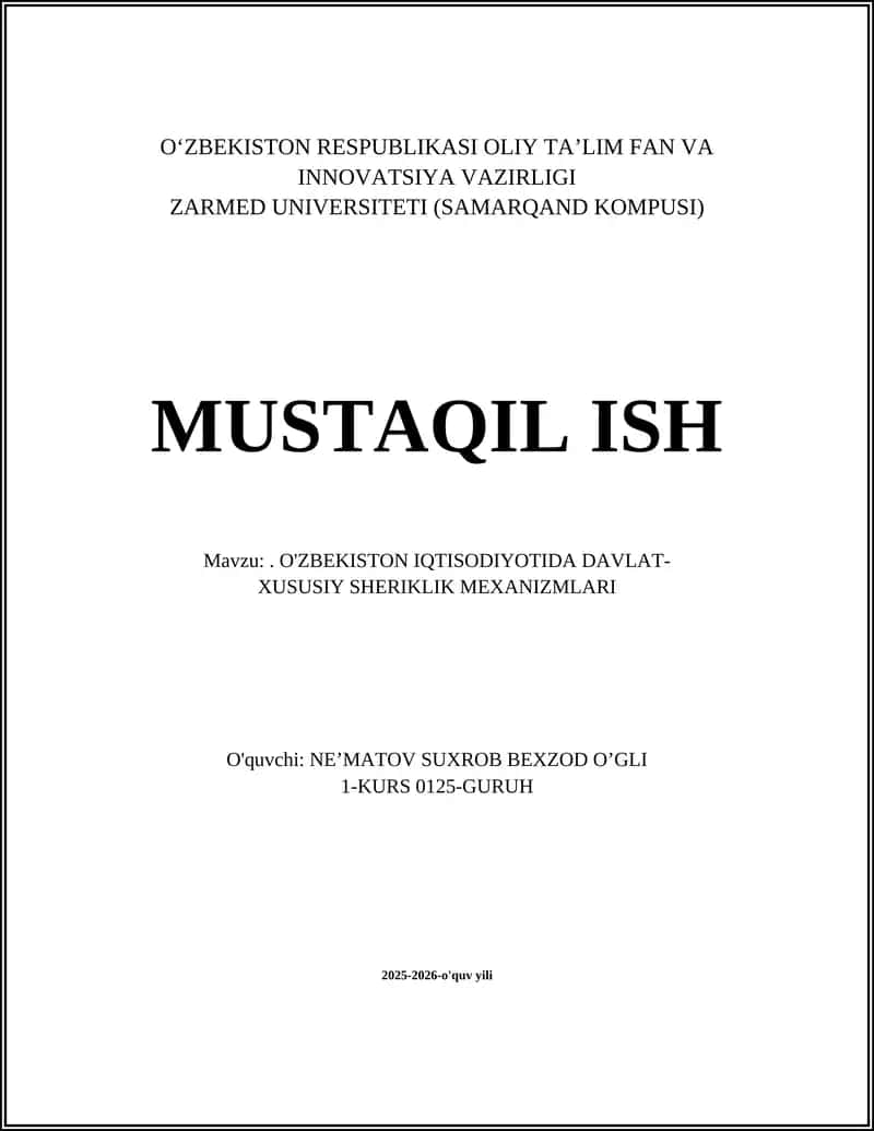 O‘ZBEKISTON IQTISODIYOTIDA DAVLAT-XUSUSIY SHERIKLIK MEXANIZMLARI